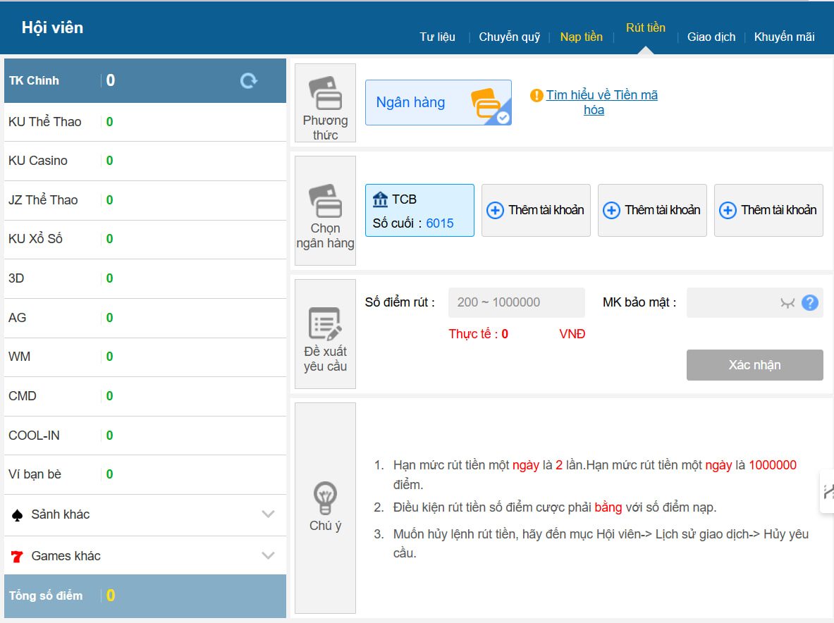 Hiện tại KUBET đang hỗ trợ 2 phương pháp rút tiền chính là qua NGÂN HÀNG và Tiền Mã Hóa (USDT, BNB, BITCOIN)